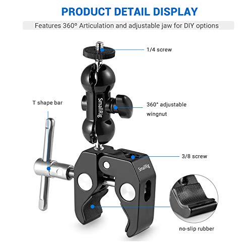 SMALLRIG Cool Ballhead Arm Super Clamp Mount Multi-Function Double Ball Adapter with Bottom Clamp - Grip Support Store
