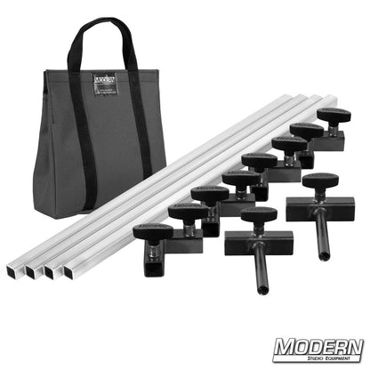 Film production frame kit showing aluminum tubes, ears, and connectors laid out with gray bag