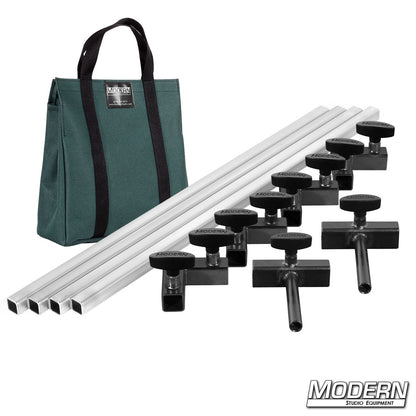 Film production frame kit showing aluminum tubes, ears, and connectors laid out with green bag