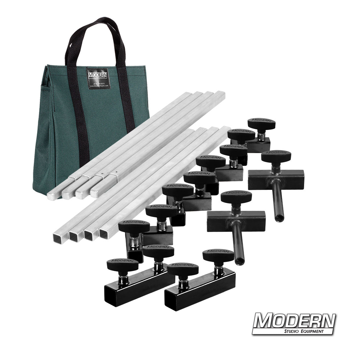 4′×4′ frame (2′ tubes) —Green bag With quick-connect corners, Flip Flop pins, Sleeves and T-Handles | Modern Studio Equipment