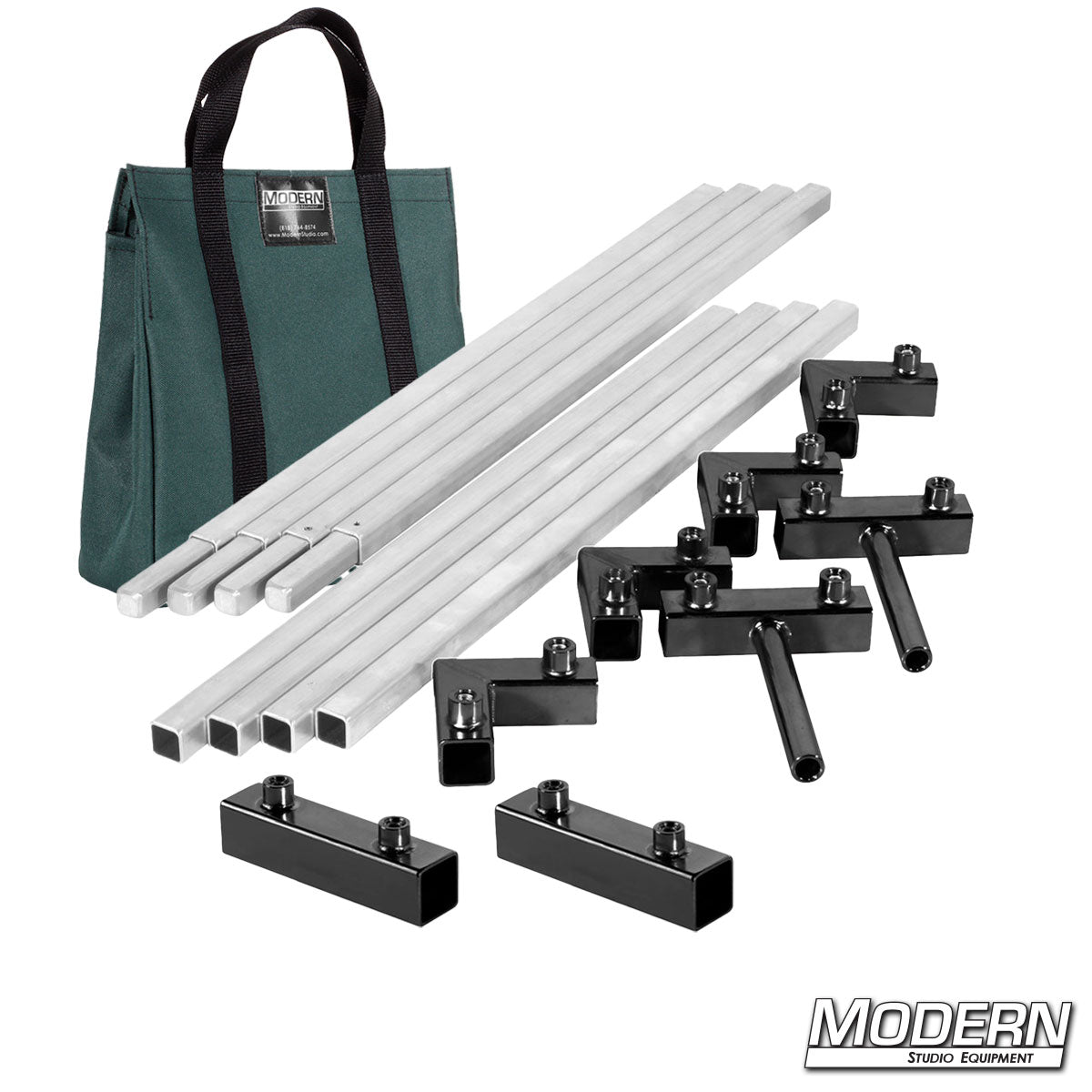 6′×6′ frame (3′ tubes) — Green color bag, ear/receiver hardware detail | Modern Studio Equipment