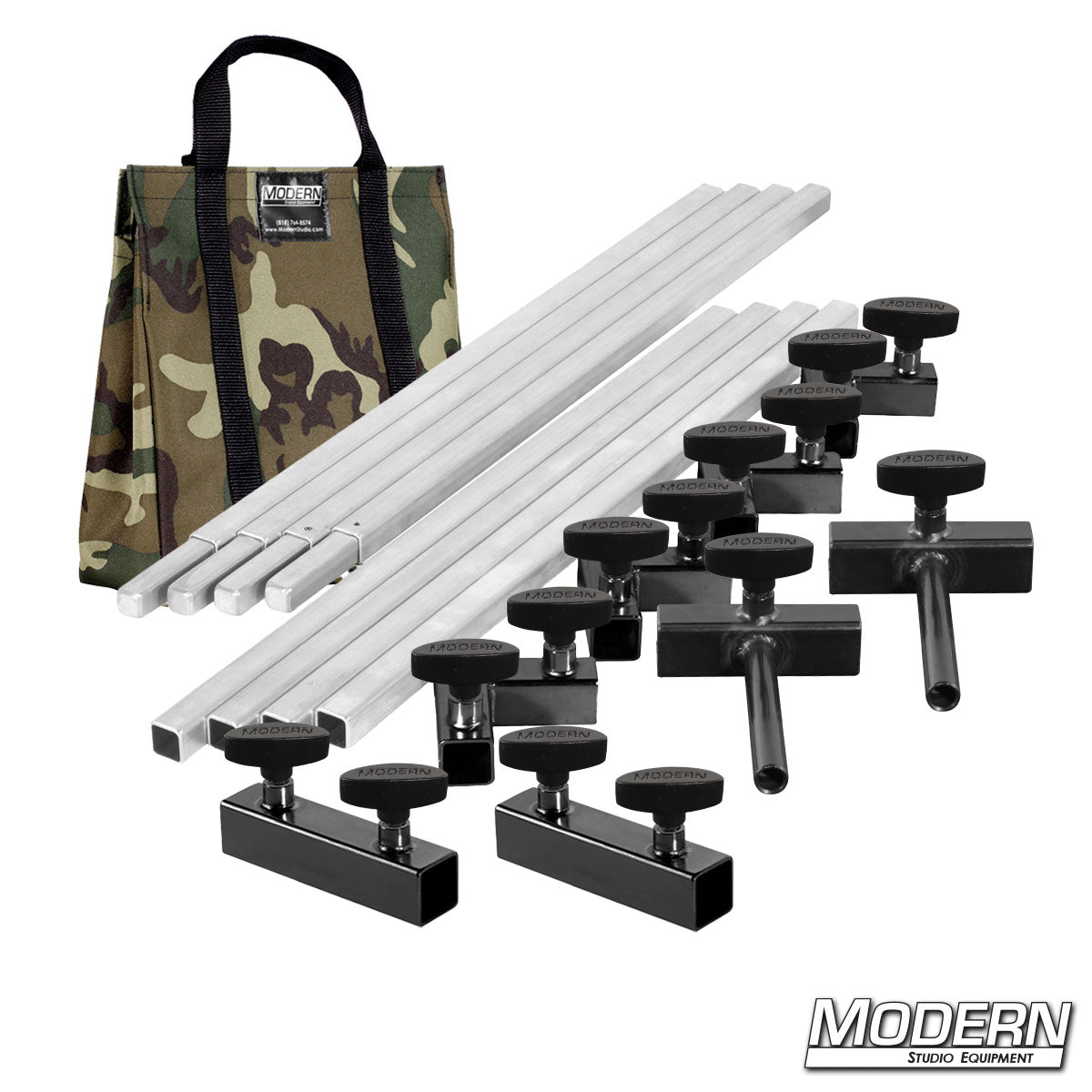 6′×6′ frame kit (3′ tubes) with flip flop ears, T-handles and Camo Bag | Modern Studio Equipment