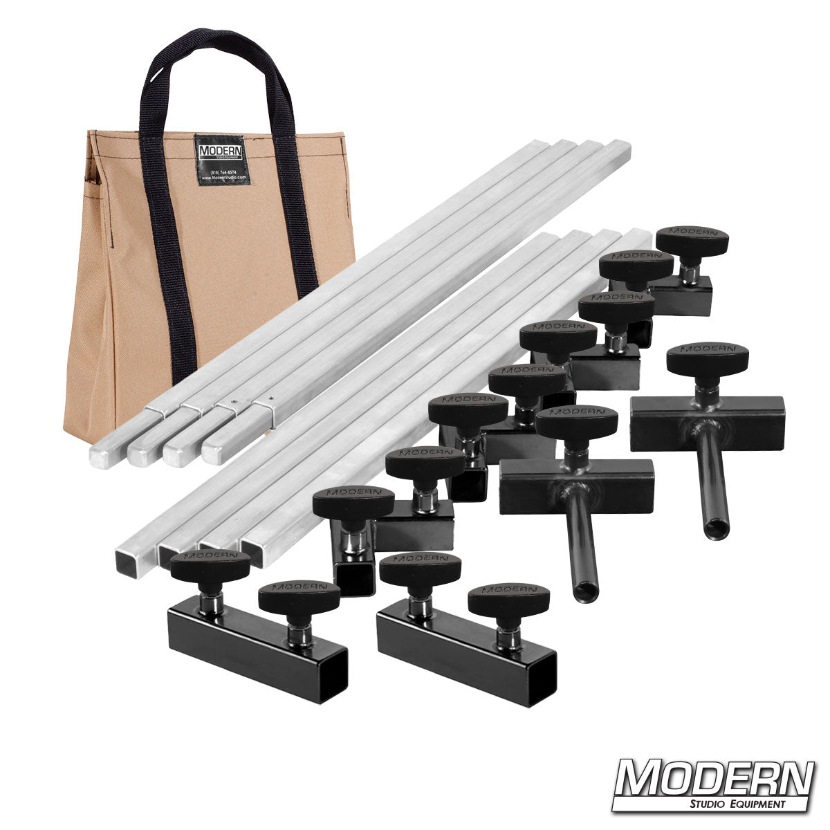 6′×6′ frame kit (3′ tubes) with flip flop ears, T-handles and Tan Bag | Modern Studio Equipment