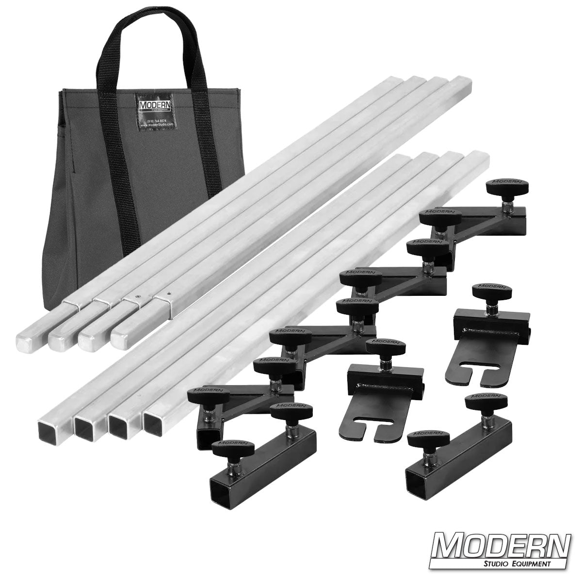 Film production 8 x 8 frame kit showing aluminum tubes, ears, and connectors laid out with gray bag