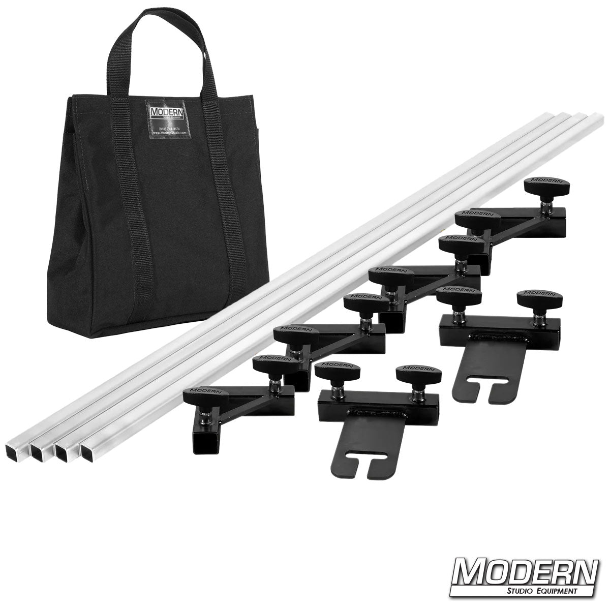 Set of guitar stands and a black carrying bag on a white background with 'Modern Studio Equipment' branding.