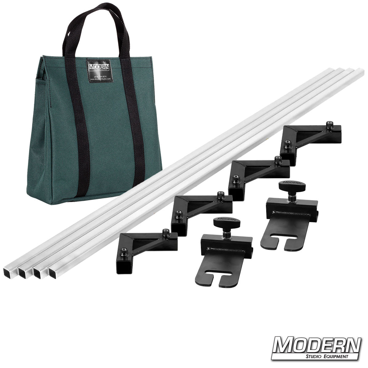 Studio microphone stand kit with carrying bag on a white background