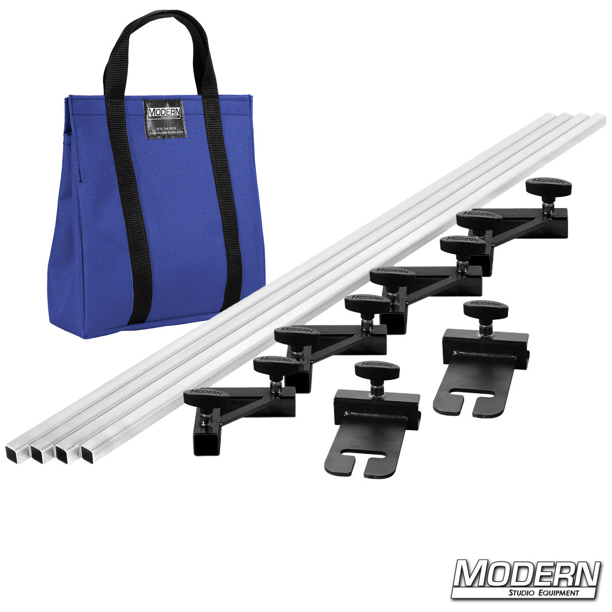 Set of audio equipment stands with a blue carrying bag on a white background, featuring the brand 'Modern Studio Equipment'.