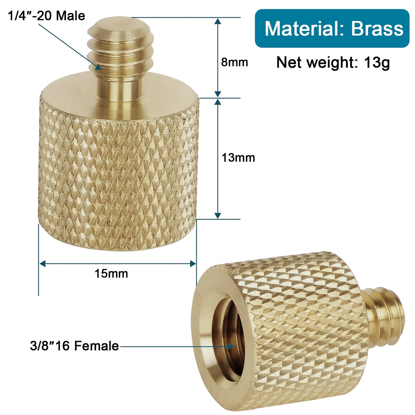 3/8"-16 Female to 1/4"-20 Male Thread (Brass)- 2 Pack