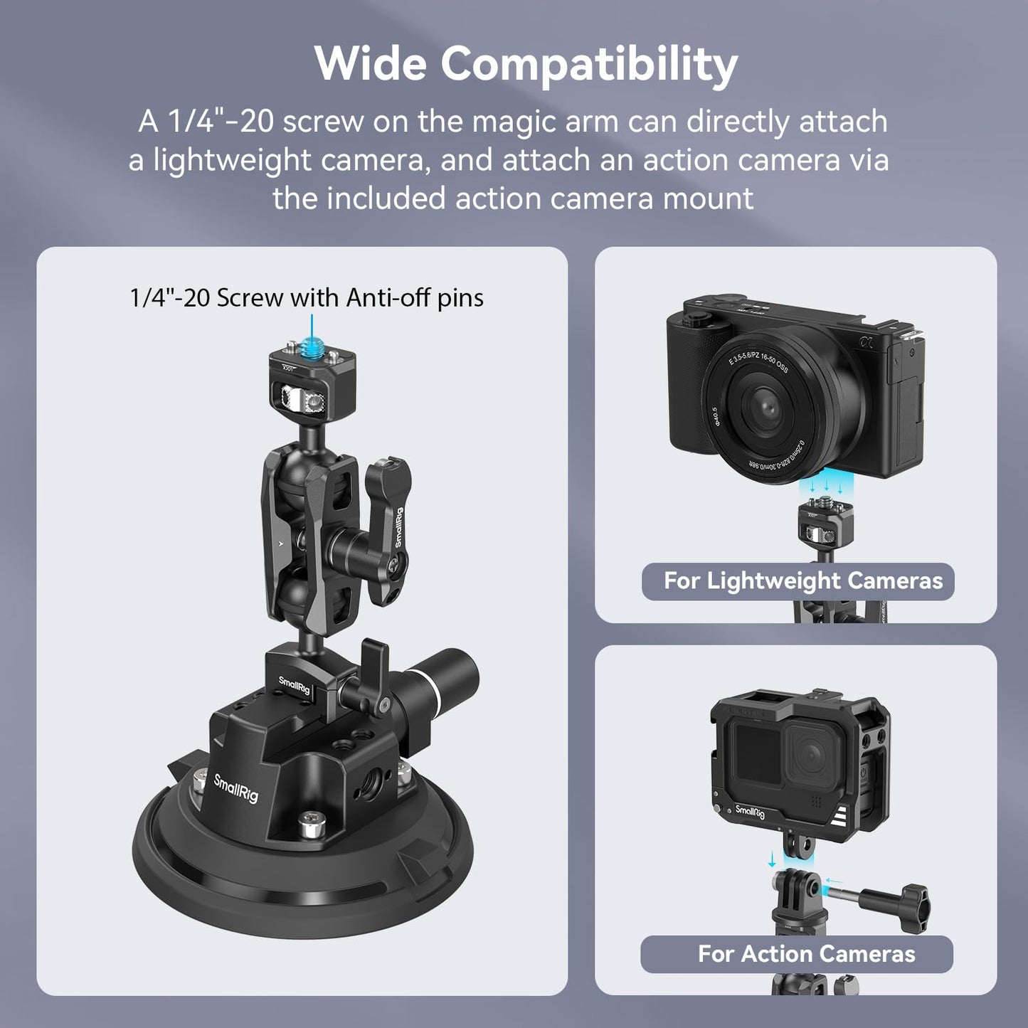 SMALLRIG 4" Camera Suction Mount with Ball Head Magic Arm, Car Mount for Lightweight Camera/Action Camera/Phone, Air Pump Vacuum Suction Cup, Max Load 3kg/6.6 Pound - 4236