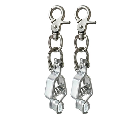 Two silver metal spring clamps with swivel snap hooks, shown side by side on a white background.