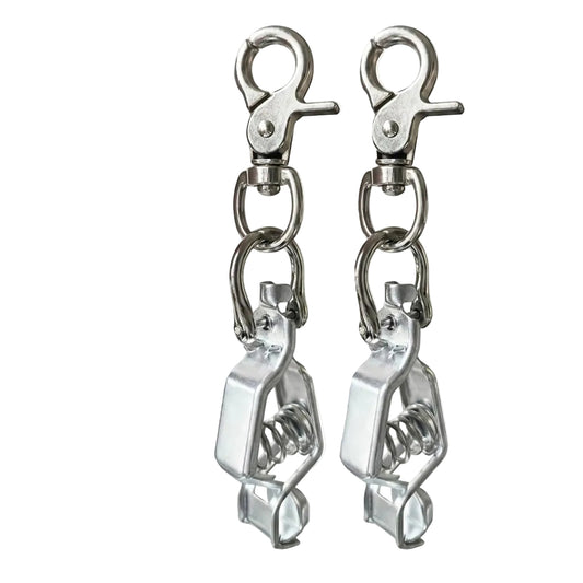 Two silver metal spring clamps with swivel snap hooks, shown side by side on a white background.