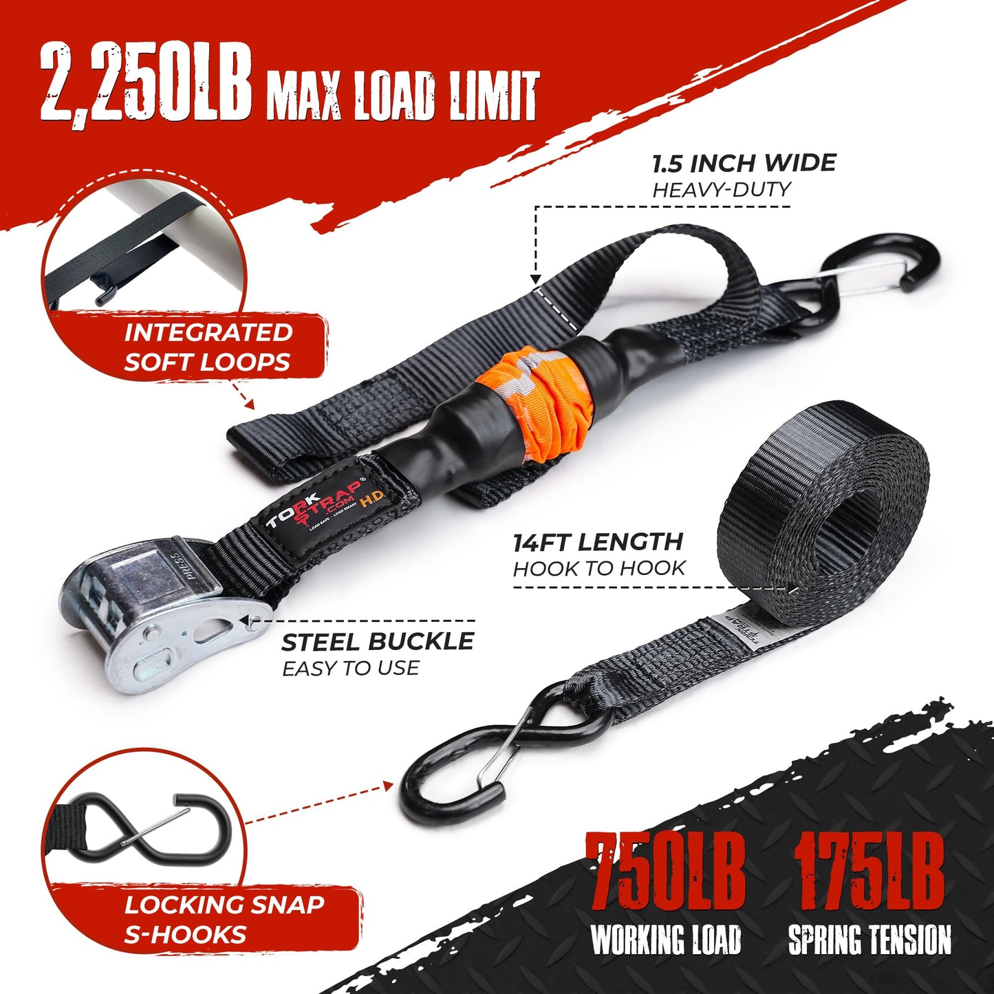 TorkStrap 14' x 1.5'' Self Tensioning Tie Down Straps (2-PK) - Automatically Adapt to Load Shifts - 2,250LB Break Strength - Grip Support Store