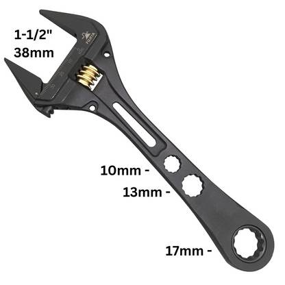 8-1/2" Adjustable Ratchet Crescent Wrench with 1-1/2" jaw + 17mm Socket + 13mm + 10mm Slots - Grip Support Store