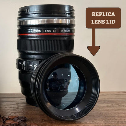 Camera lens mug with sipping lid