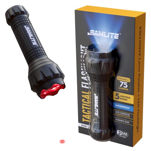 Tactical Flashlight with Red Laser and Magnetic Bottom - Water Resistant - (3 AAA Batteries Included)