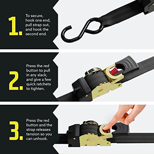 Auto Retractable Ratchet Straps 10' Long - Heavy Duty (2 pack) - Working Load Limit 500Lbs - Grip Support Store