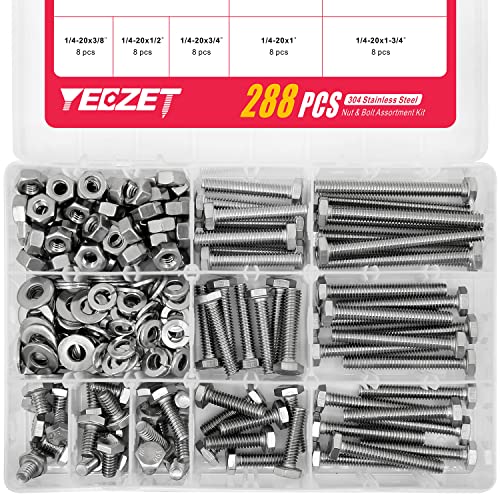 1/4-20" Hex Bolts and Nuts Washers Assortment Kit, 288PCS - Stainless Steel - Grip Support Store