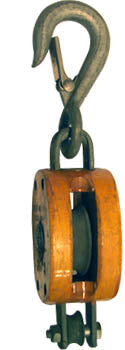 3" SINGLE WOOD BLOCK, BRONZE BUSHED, LATCH HOOK, GALVANIZED, FOR 3/8" ROPE